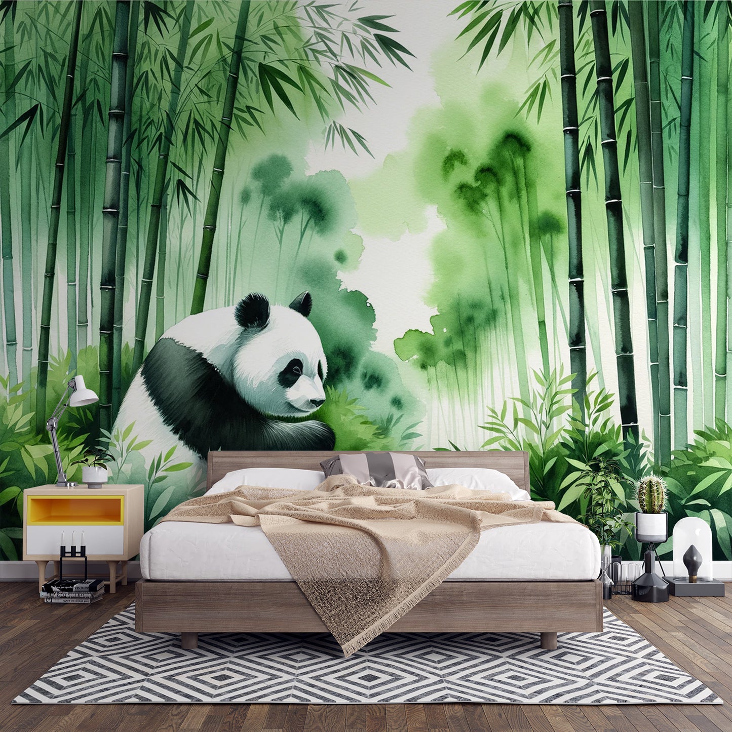 Papier peint panda aquarelle | Forêt de bambou vert avec panda noir et blanc