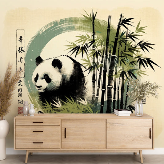 Papier peint panda japonais | Bambou noir et vert avec écriture asiatique