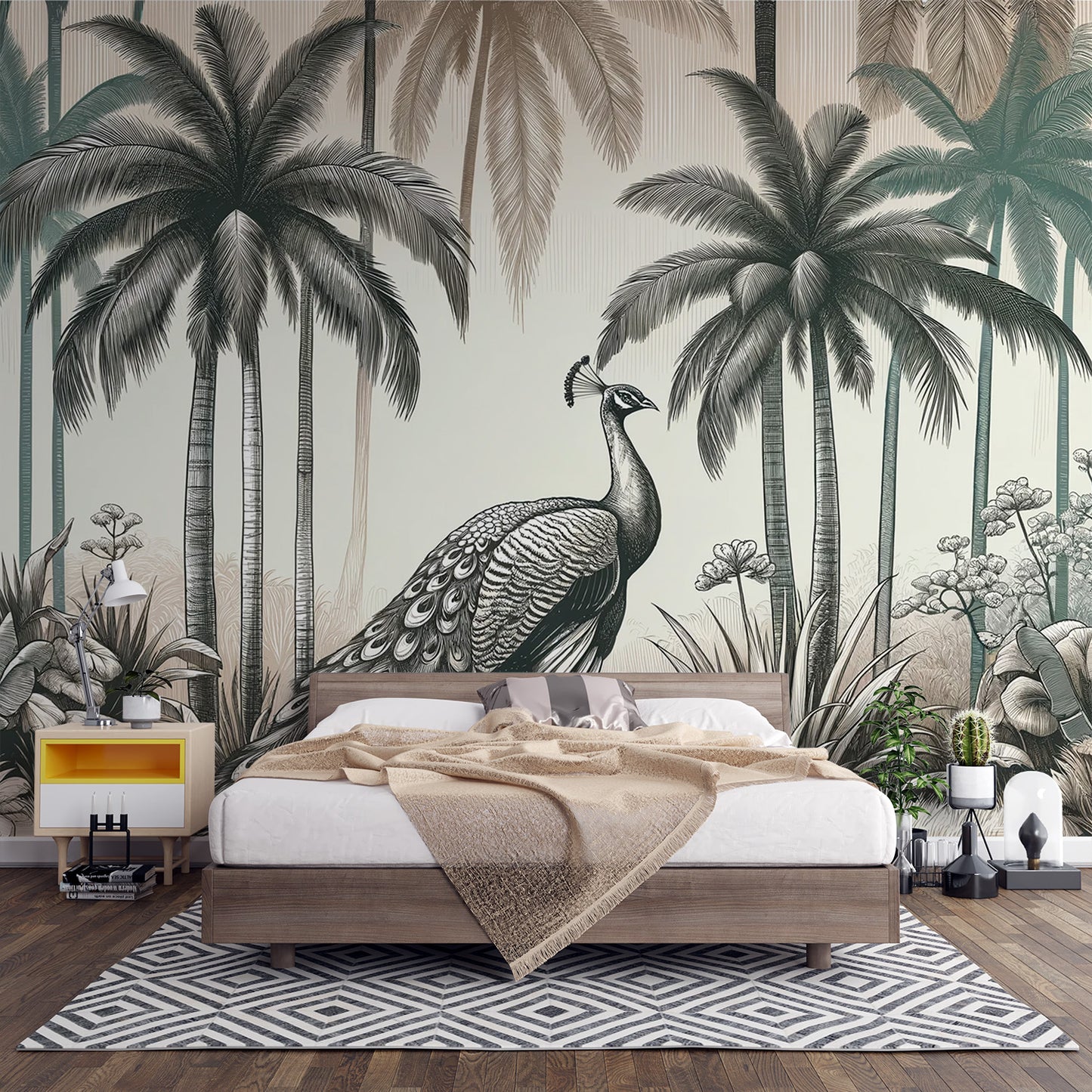 Papier peint paon | Forêt de palmiers sur tons neutres