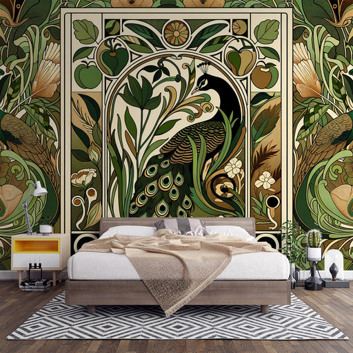 Une chambre élégante avec un papier peint art nouveau représentant un paon entouré de motifs floraux et feuillus dans des teintes de vert et doré, créant une atmosphère artistique et raffinée.