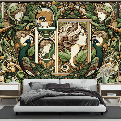 Une chambre élégante avec un papier peint art nouveau riche en motifs floraux et figures féminines, évoquant une atmosphère artistique et sophistiquée.