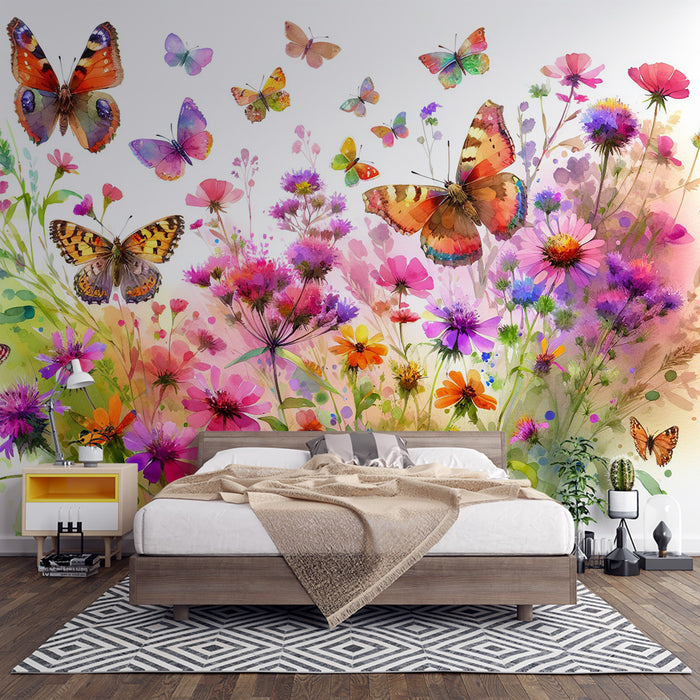 Papier peint papillon | Fleurs des champs de couleurs vives