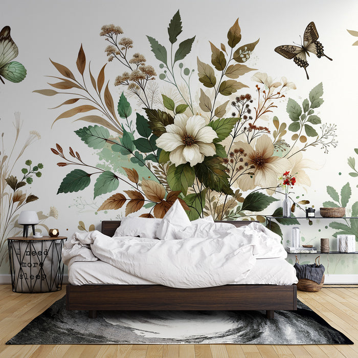 Papier peint papillon | Fleurs et feuilles vertes et blanches en style vintage