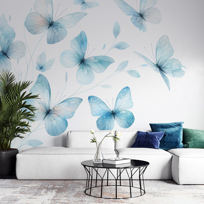 Papier peint papillon | Fleurs et papillons bleues sur fond clair