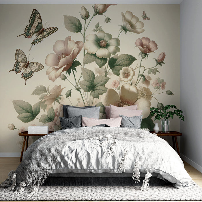 Papier peint papillon | Fleurs vintages douces avec papillons