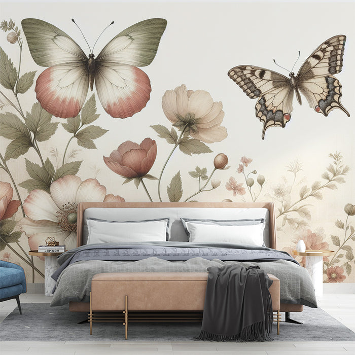 Papier peint papillon | Fleurs vintages et duo de papillon