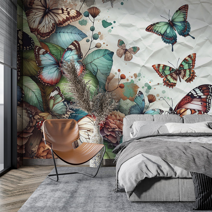 Papier peint papillon | Fond feuille plissée avec feuillages et papillons