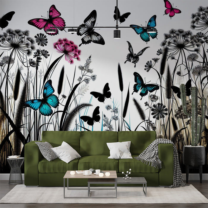 Papier peint papillon | Herbes noires et blanches avec papillons colorées vives