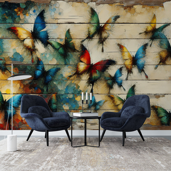 Papier peint papillon | Lattes de bois avec papillons peints
