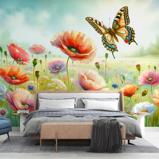Papier peint papillon aquarelle | Fleurs des champs