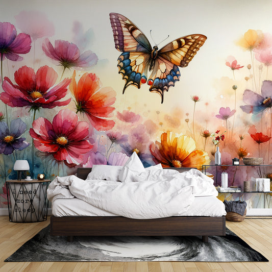 Papier peint papillon aquarelle | Fleurs des champs et papillon majestueux
