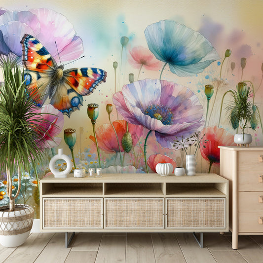 Papier peint papillon aquarelle | Fleurs et bourgeons