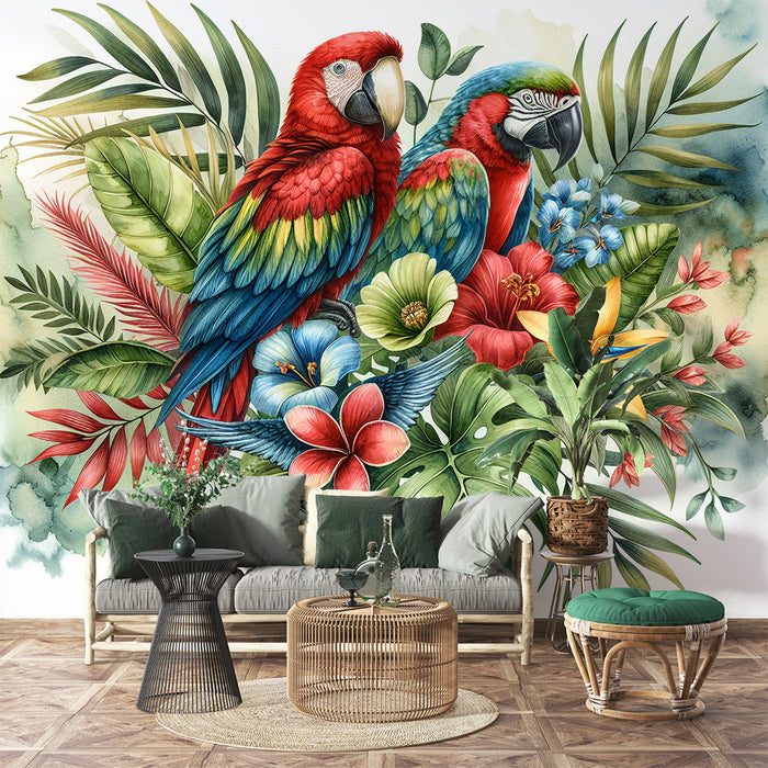 Papier peint perroquet | Couple de perroquets majestueux et colorés