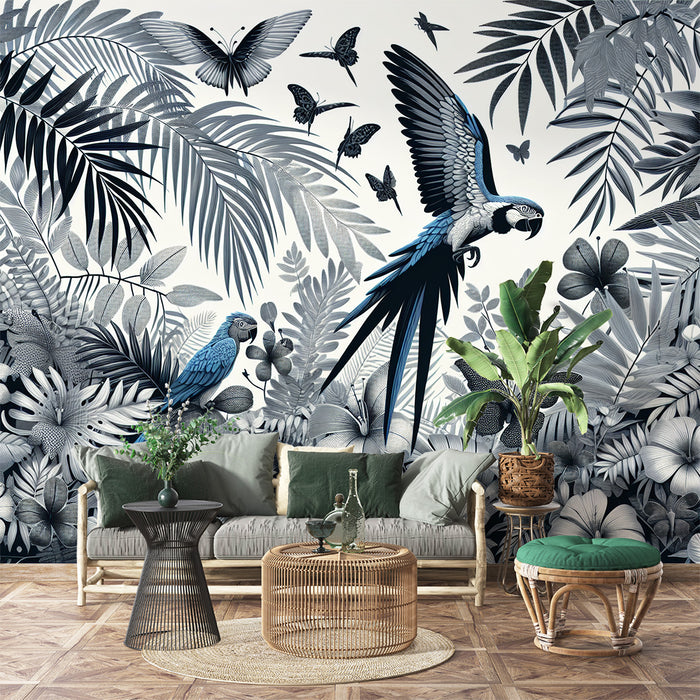 Papier peint perroquet | Jungle noire et blanche et touche de bleu