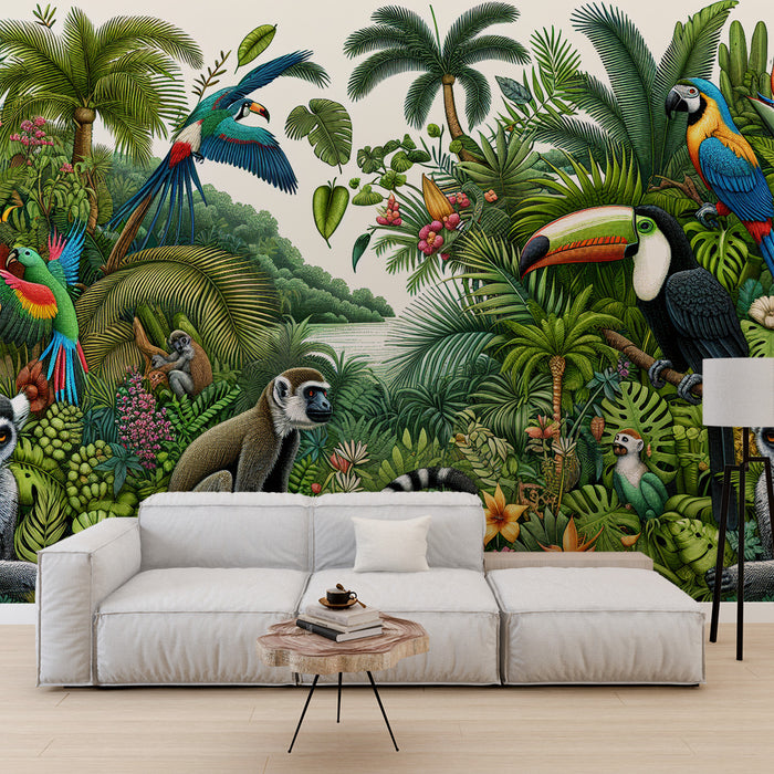 Papier peint perroquet | Jungle tropical avec toucans, singes et perroquets