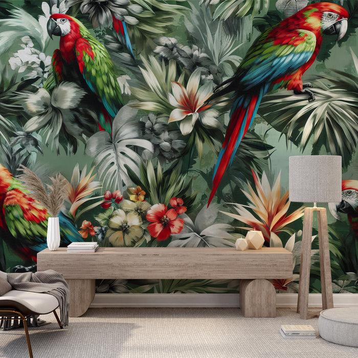 Papier peint perroquet | Jungle tropical et perroquets aux couleurs vives