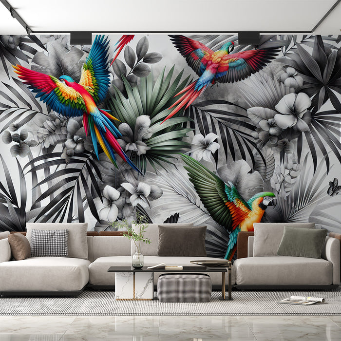 Papier peint perroquet | Oiseaux colorés et feuillage tropical noir et blanc