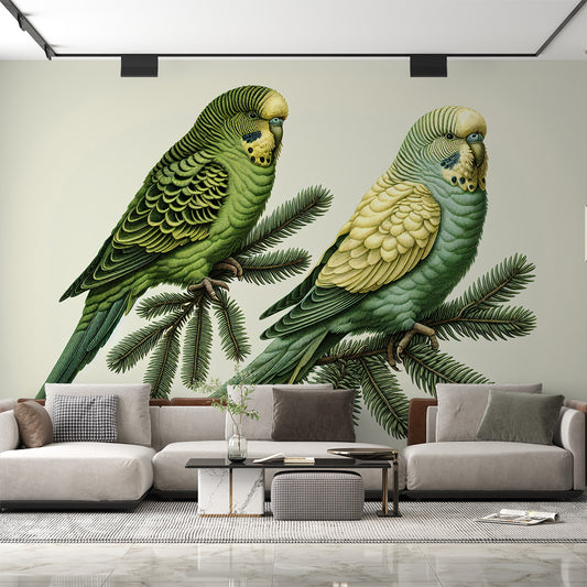 Papier peint perroquet | Petits oiseaux sur leur branche de sapin