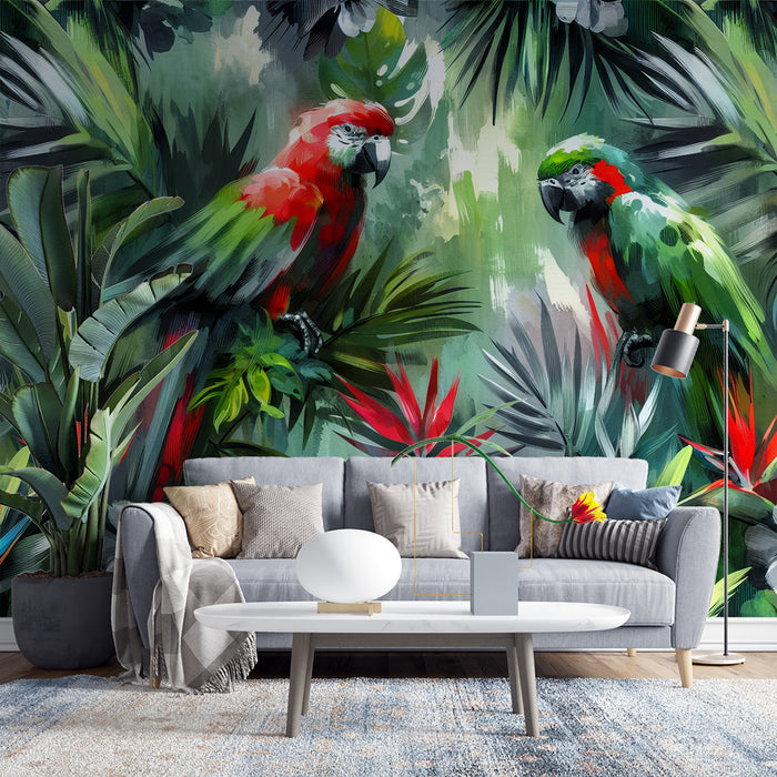 Papier peint perroquet | Tons pastels rouge et vert dans la jungle tropicale