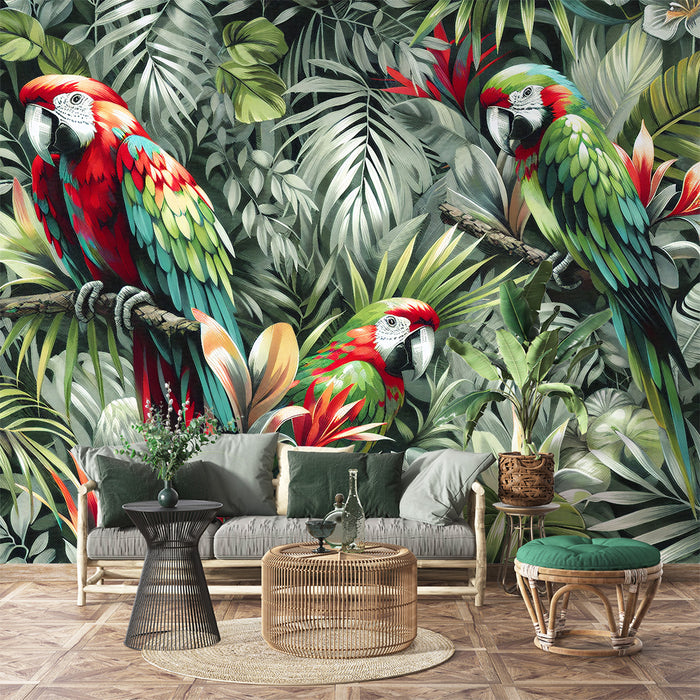 Papier peint perroquet | Trois perroquets perdus dans les tropiques