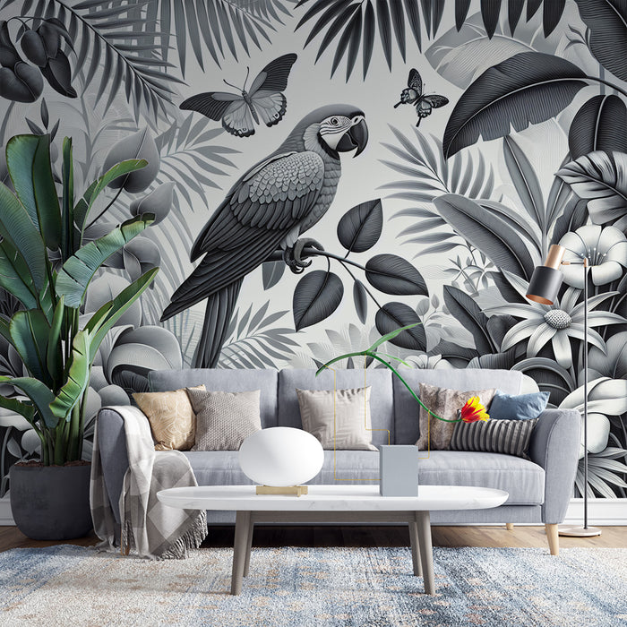 Papier peint perroquet noir et blanc | Jungle fleurie avec perroquet et papillons