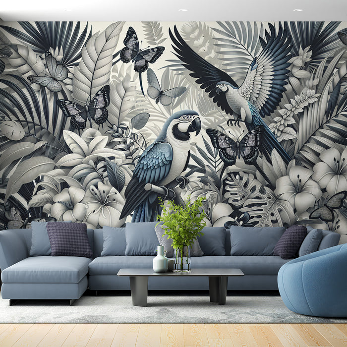 Papier peint perroquet noir et blanc | Perroquets aux dos bleu et papillons