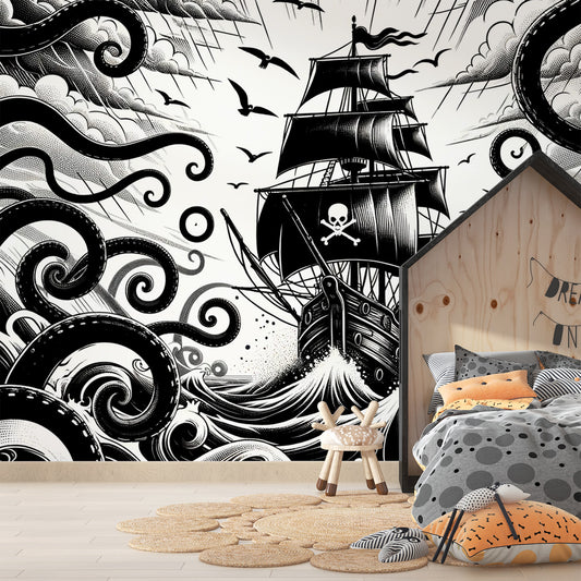 Papier peint pirate noir et blanc | Pieuvre géante en attaque