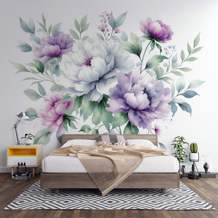 Papier peint pivoine | Composition florale violette et blanche avec feuilles vertes
