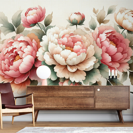 Papier peint pivoine | Grosses fleurs roses style rétro