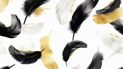 Papier peint élégant avec des plumes noires, blanches et dorées sur fond blanc, créant une ambiance légère et sophistiquée.