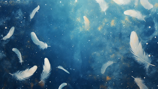 Papier peint bleu nuit orné de plumes blanches flottantes et de touches dorées, créant une ambiance rêveuse et apaisante.