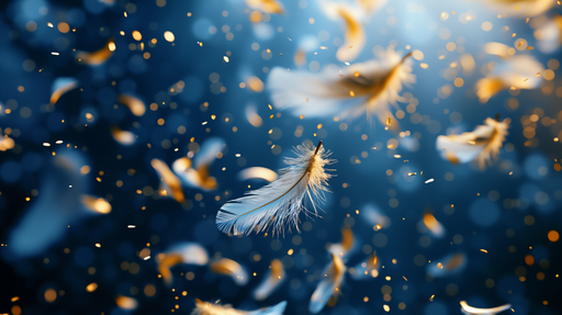 Papier peint représentant des plumes délicates flottant dans un fond bleu nuit parsemé de reflets dorés, créant une atmosphère légère et poétique.