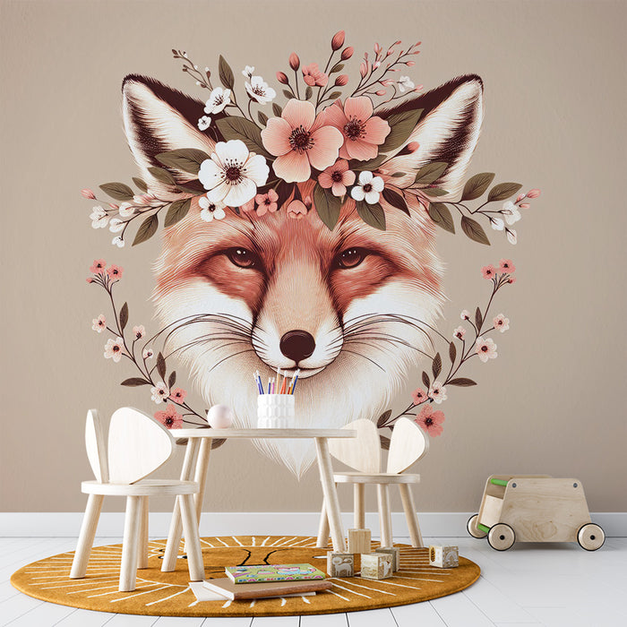 Papier peint renard | Couronne de fleurs et tête de renard