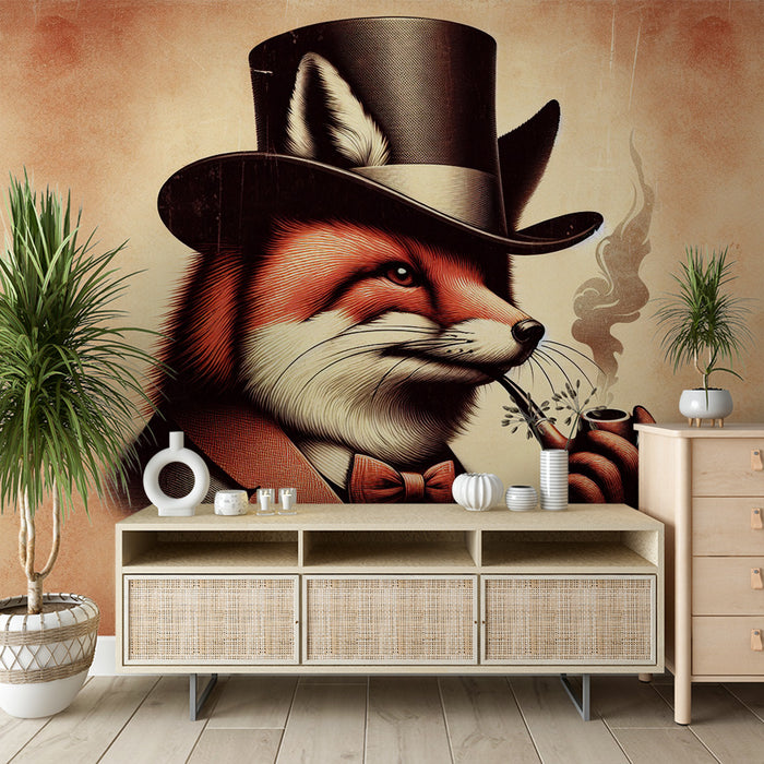 Papier peint renard | Style vintage avec pipe et chapeau