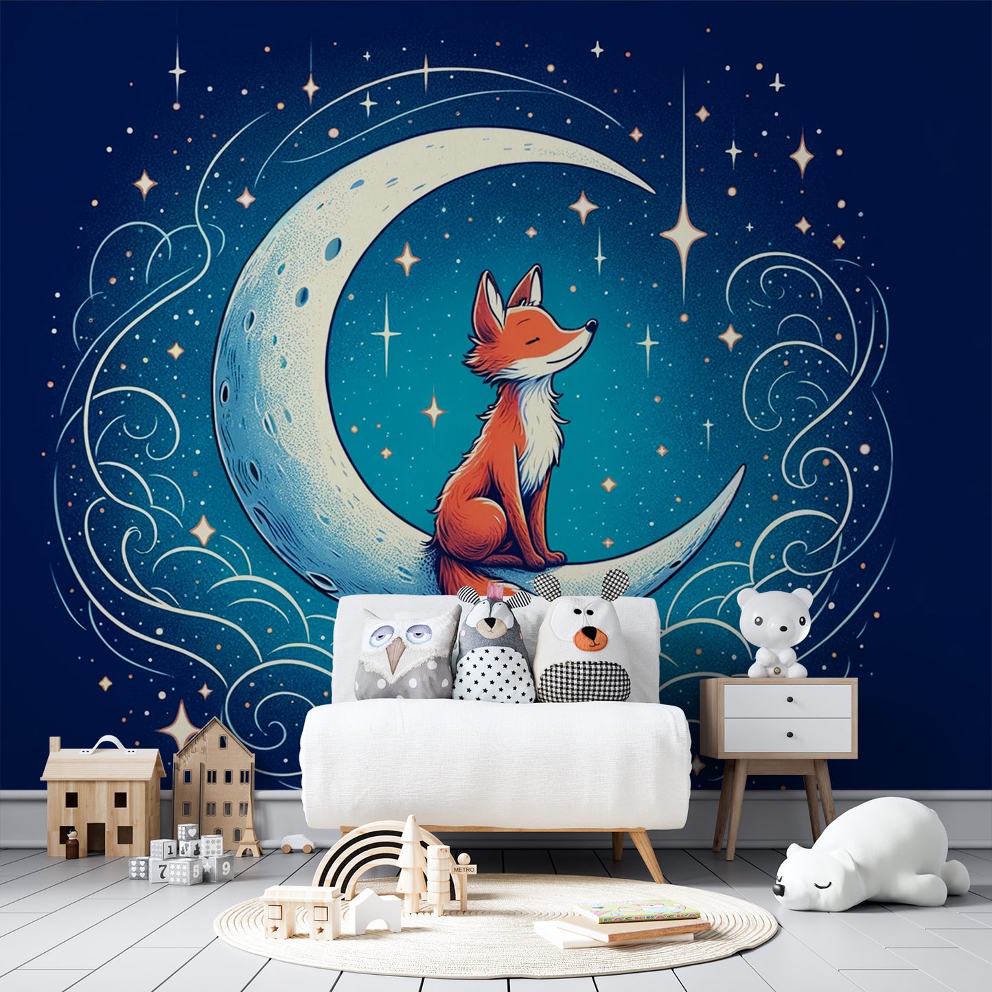 Papier peint renard | Bleu nuit, étoile et croissant de lune