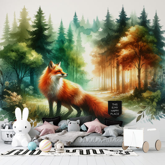 Papier peint renard aquarelle | Couleurs vives et forêt verdoyante