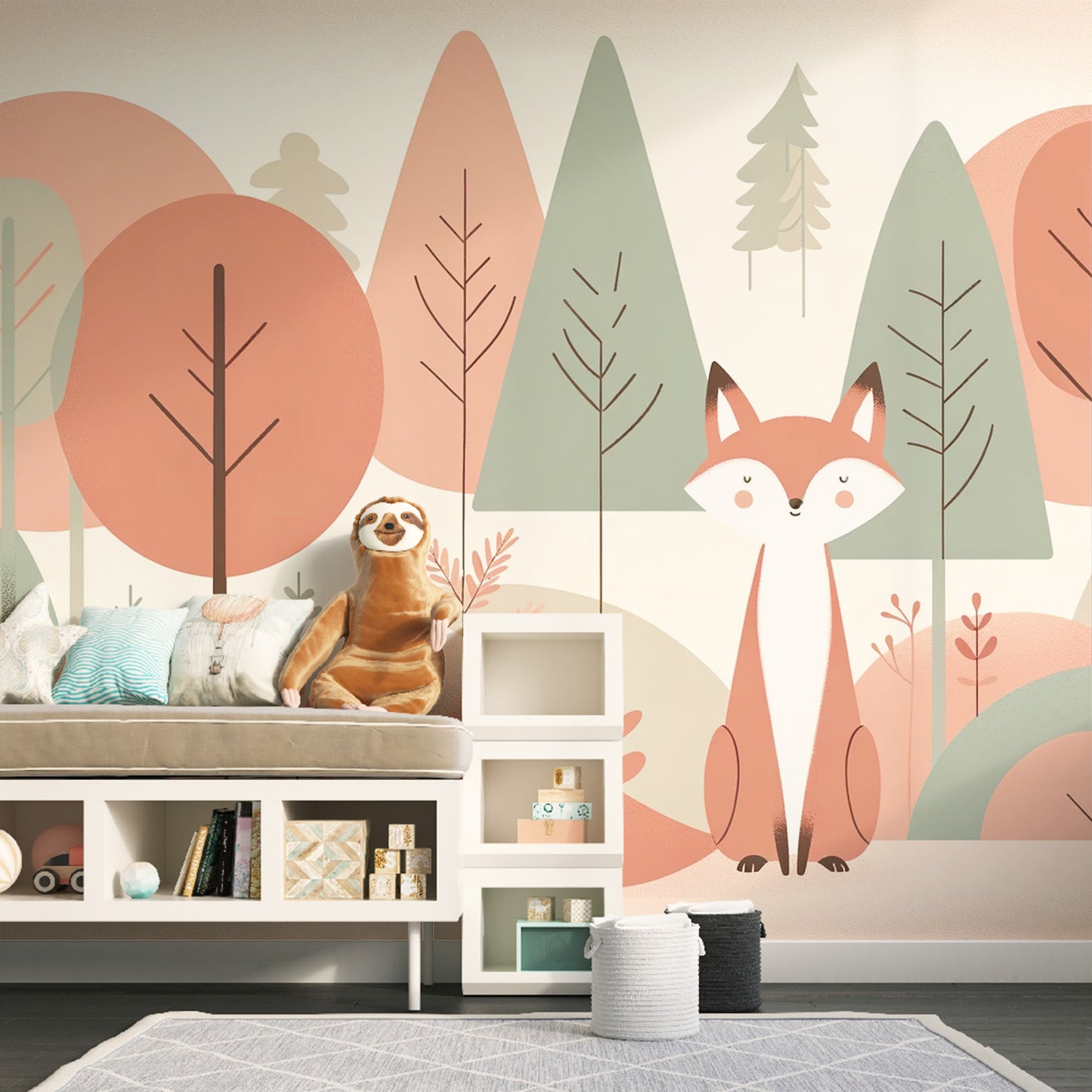 Papier peint renard bébé | Assis dans sa forêt colorée