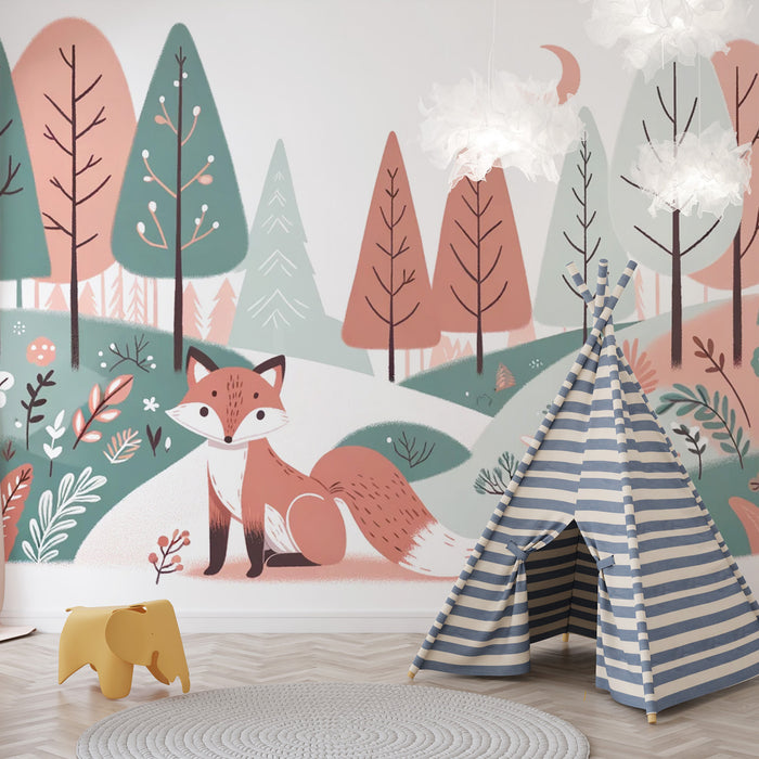 Papier peint renard bébé | Forêt avec renard dessin animé mignon