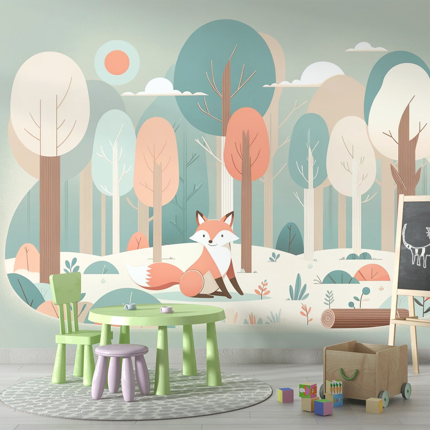Papier peint renard bébé | Forêt multicolore