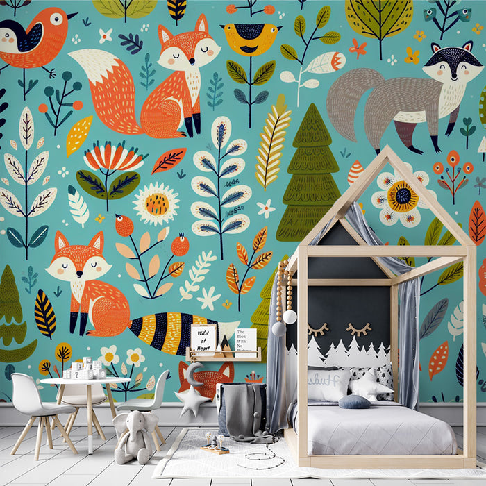 Papier peint renard enfant | Forêt imaginaire colorée