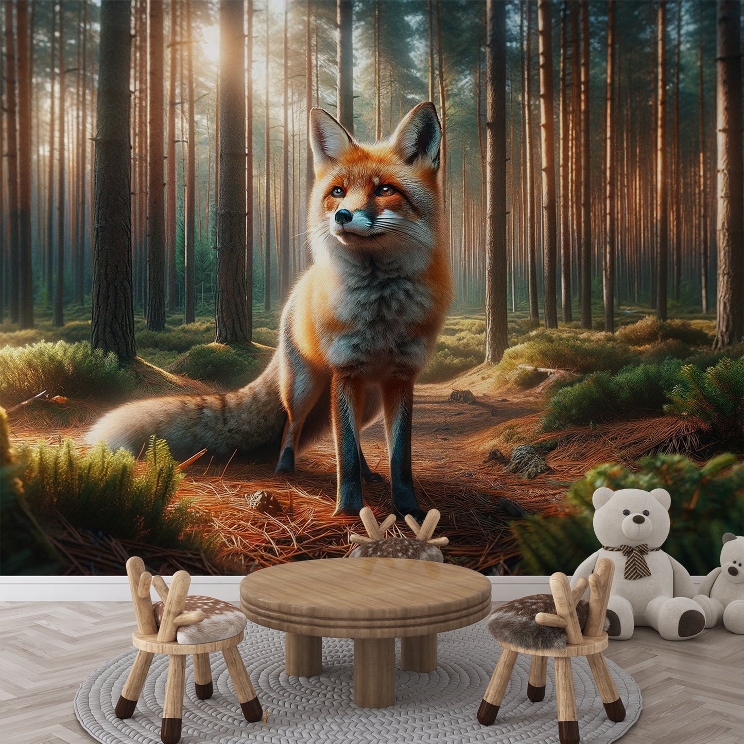 Papier peint renard réaliste | Debout dans une forêt sombre
