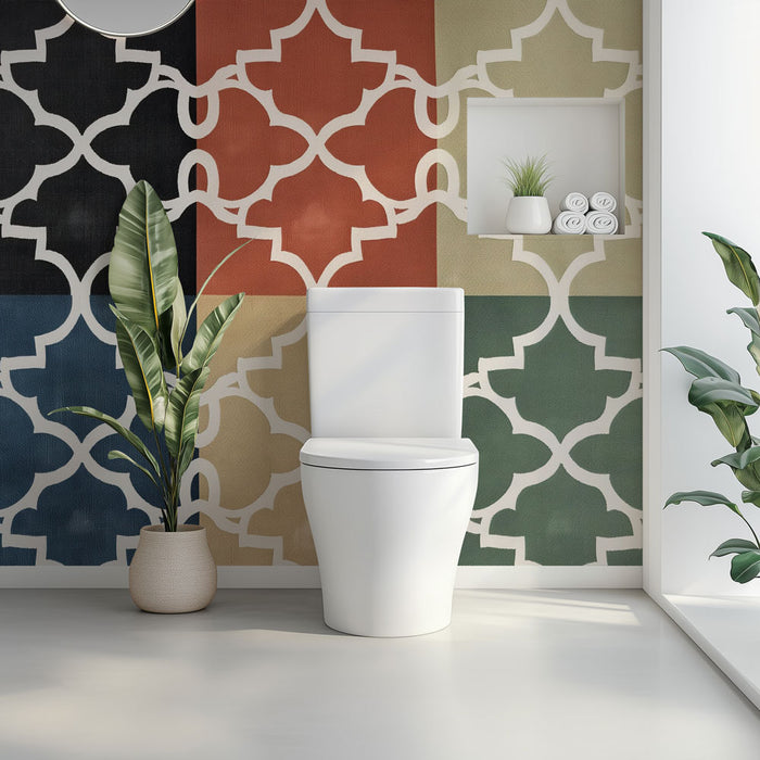 Papier peint toilette | Carreaux multicolores avec motif géométrique en treillis blanc