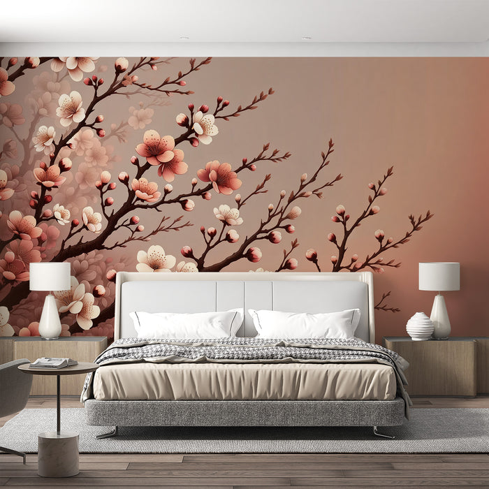 Papier peint sakura | Arbre japonais fleurs et fond rouges