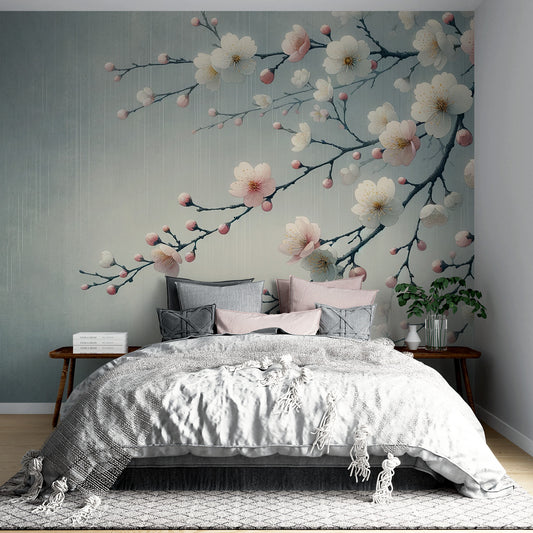Papier peint sakura | Arbre japonais fleurs roses et blanches fond bleu vieillit