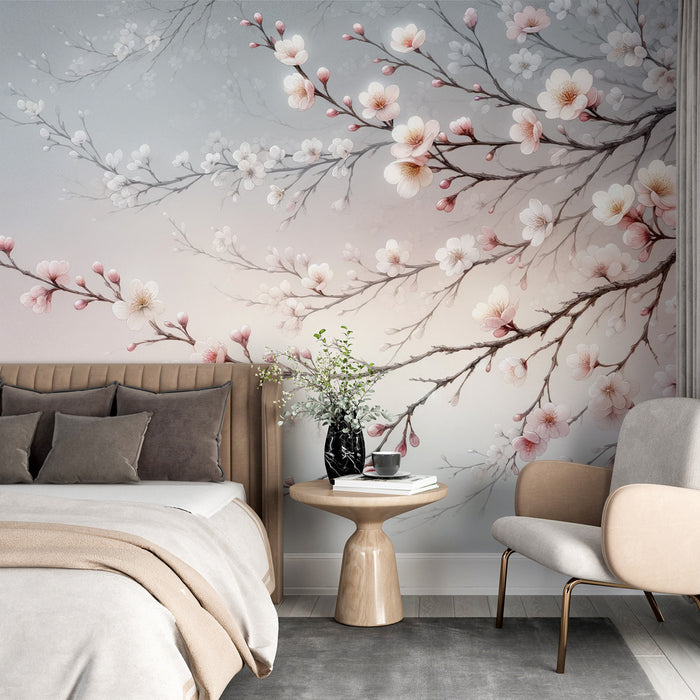 Papier peint sakura | Arbre japonais fleurs roses et fond dégradé