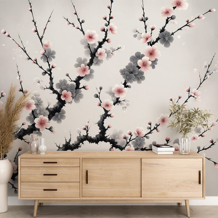 Papier peint sakura | Arbre japonais fleurs roses et grises