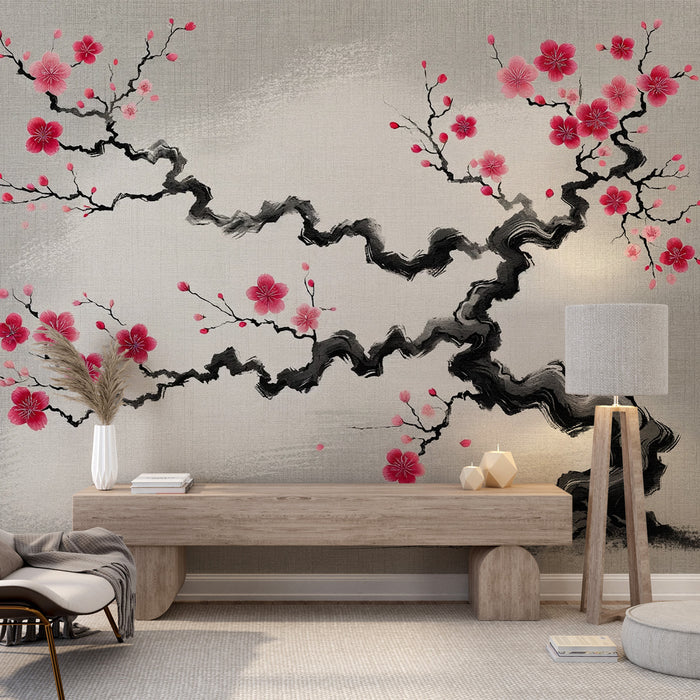 Papier peint sakura | Arbre japonais fleurs rouges et fond gris