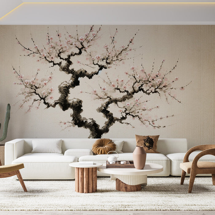 Papier peint sakura | Arbre japonais fond vieillit et fleurs roses