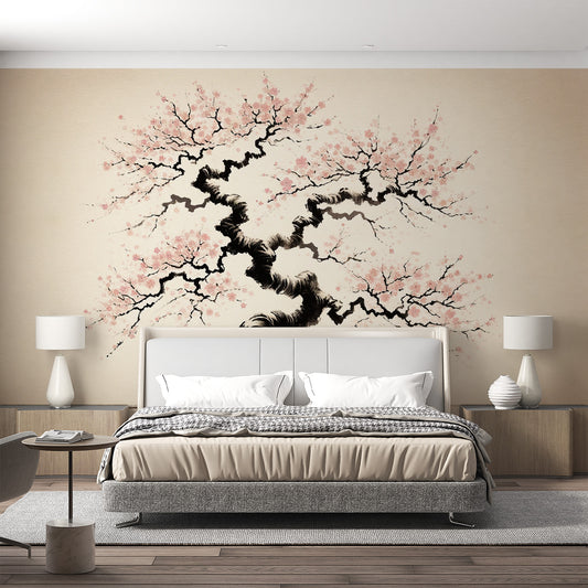 Papier peint sakura | Arbre japonais style bonzaï à fleurs roses