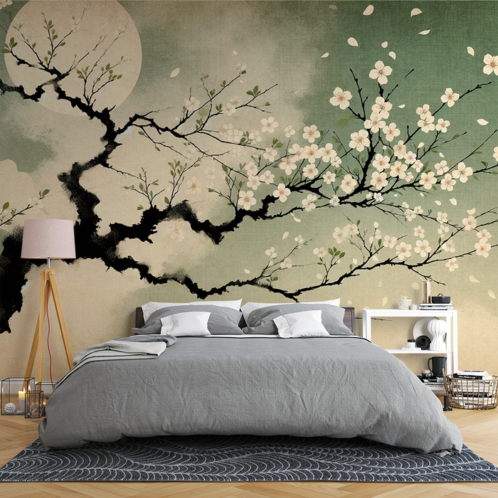 Papier peint sakura japonais | Fond vieillit et arbre sakura en peinture à l'huile
